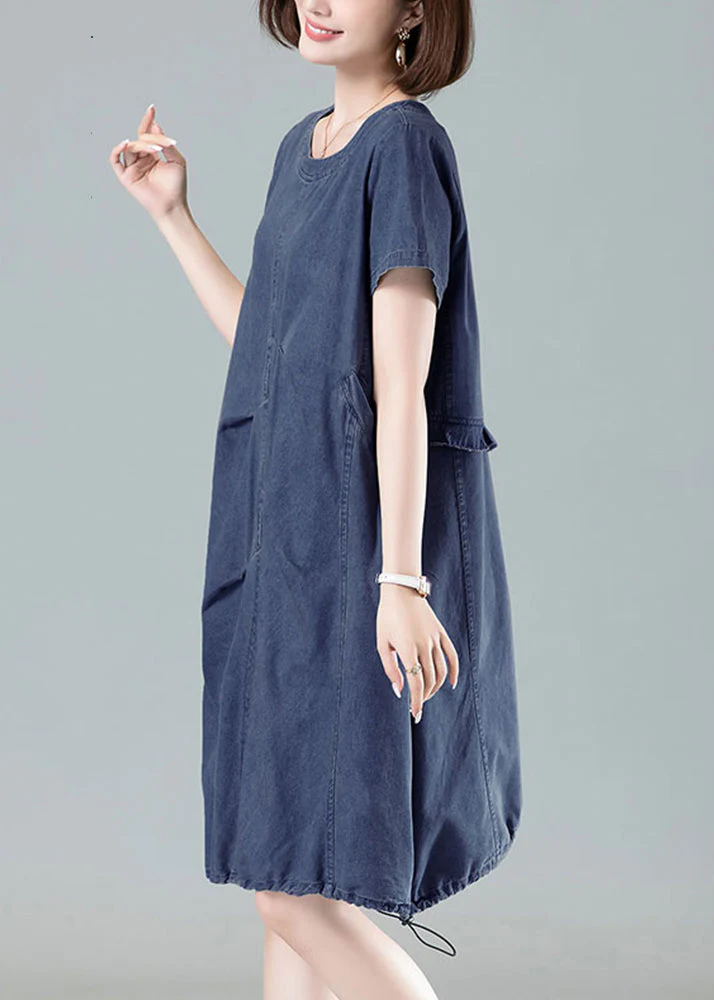 Women Navy Ruffled Drawstring Denim Dresses Summer - Image 4