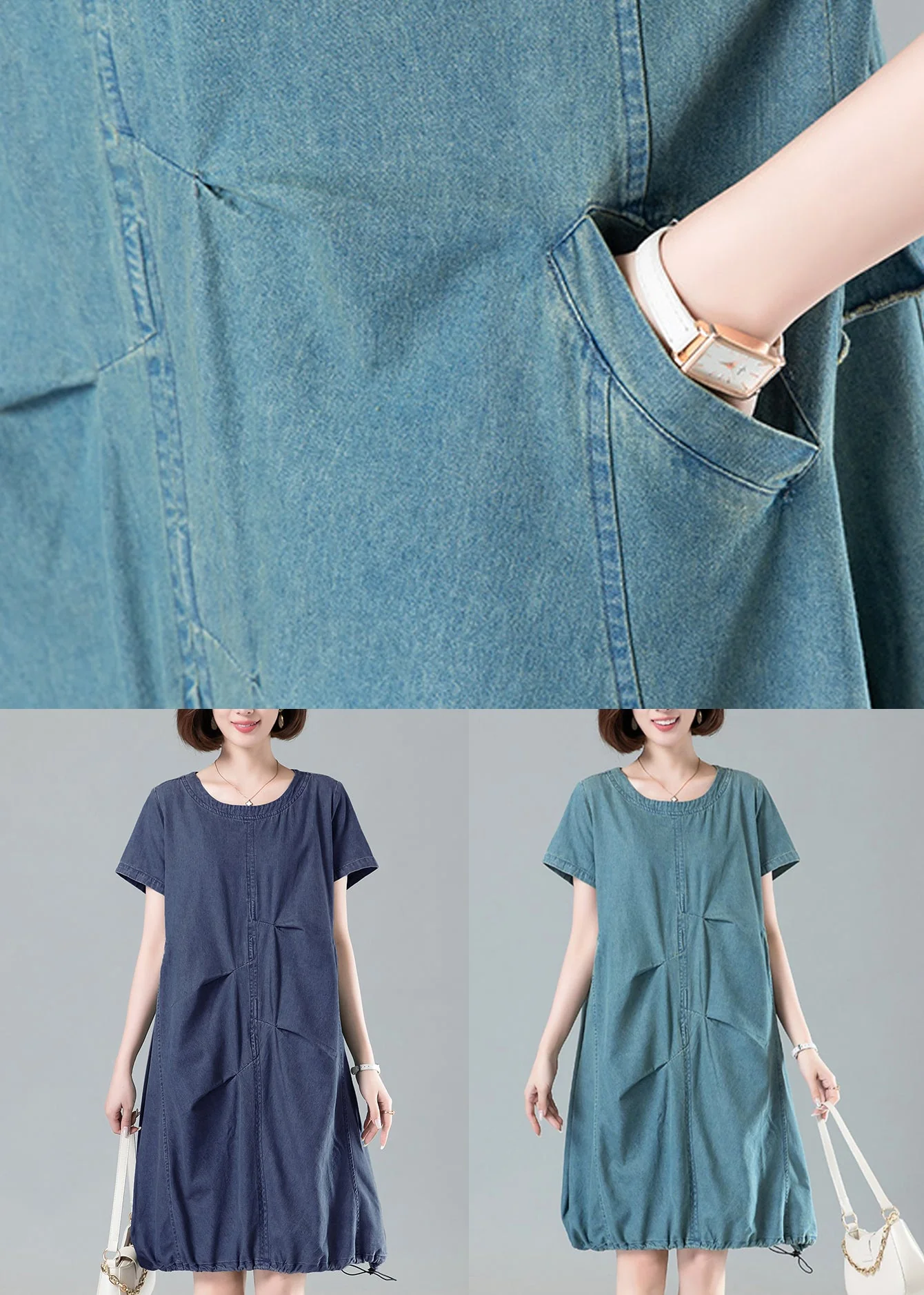 Women Navy Ruffled Drawstring Denim Dresses Summer - Image 5