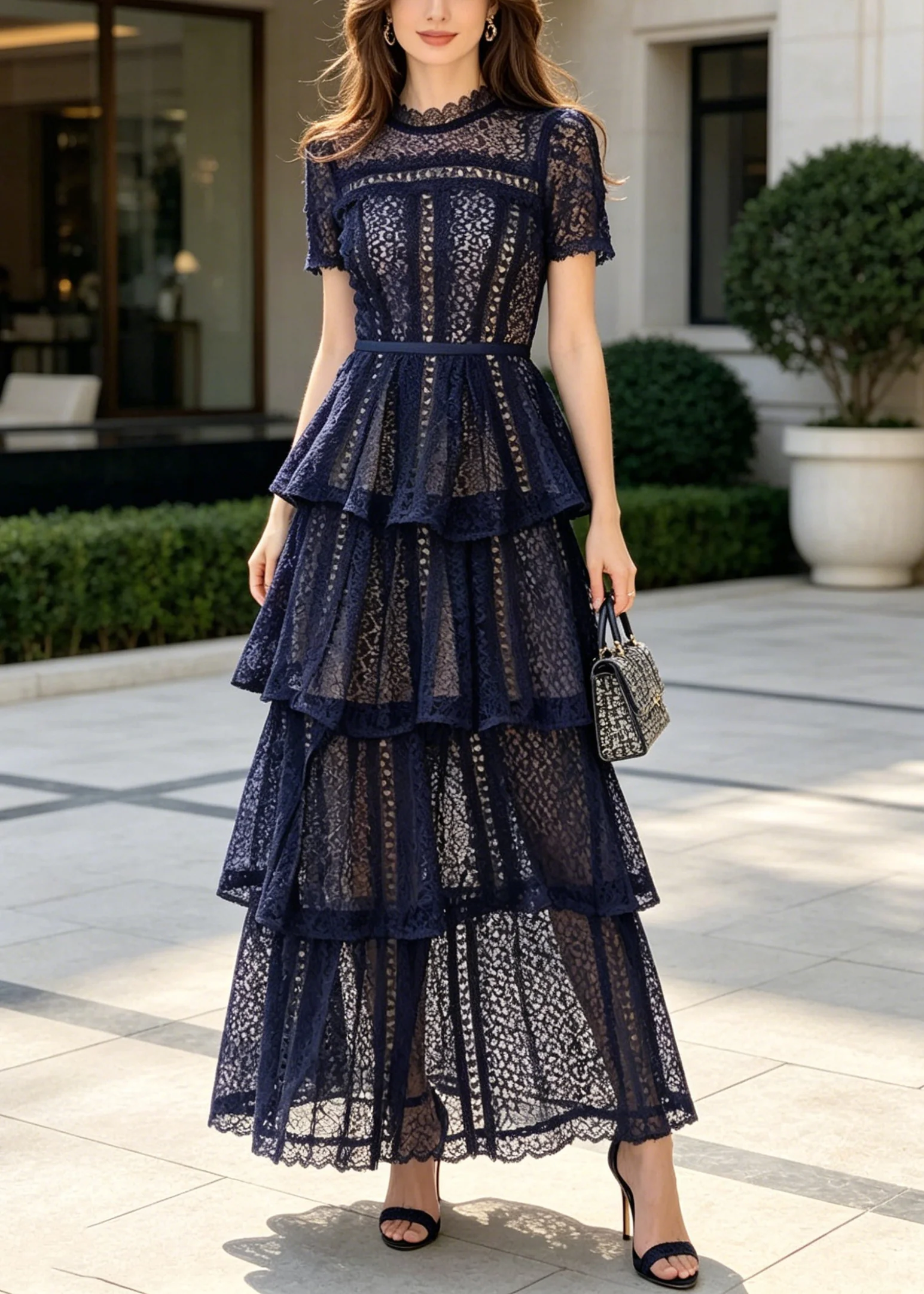 Women Navy Ruffled Hollow Out Lace Holiday Dress Summer - Image 3