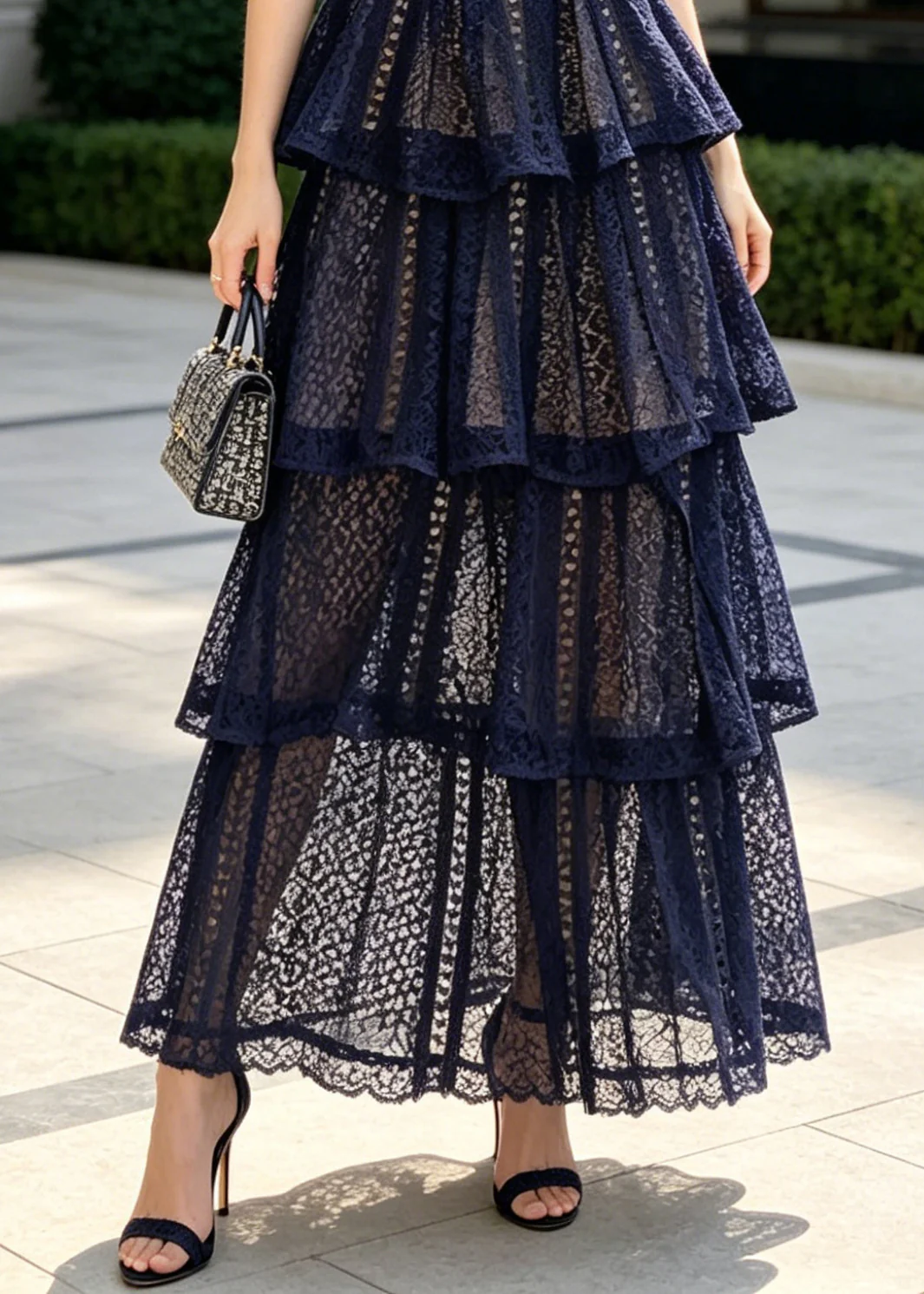 Women Navy Ruffled Hollow Out Lace Holiday Dress Summer - Image 4