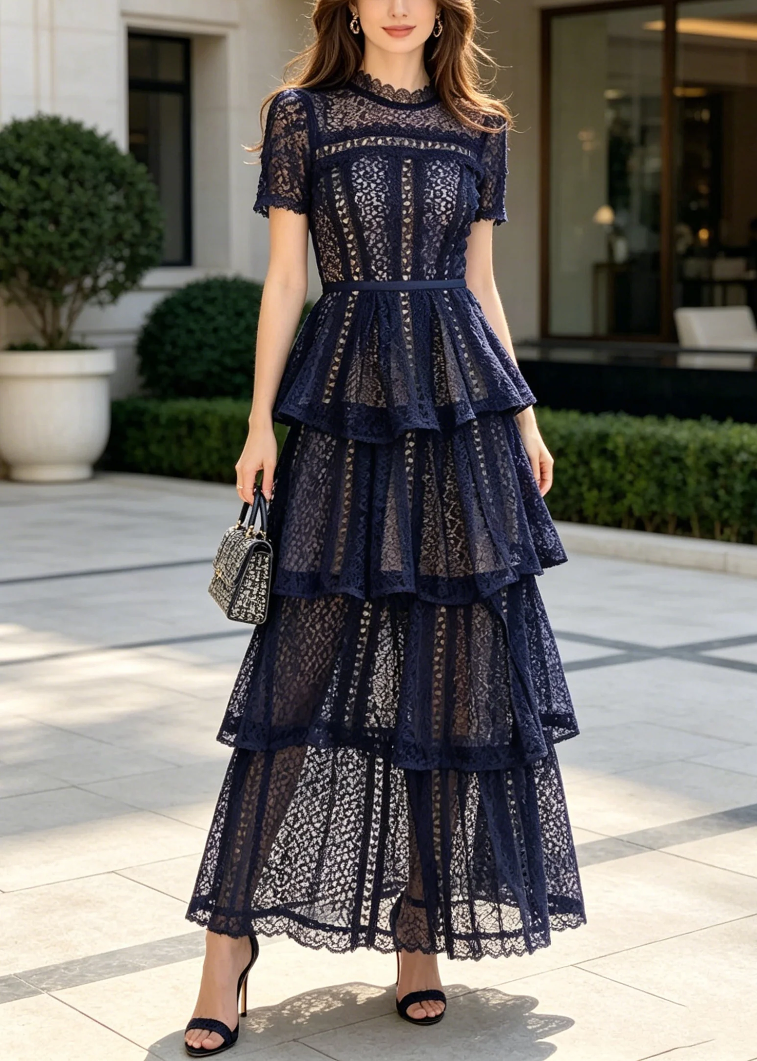 Women Navy Ruffled Hollow Out Lace Holiday Dress Summer - Image 5