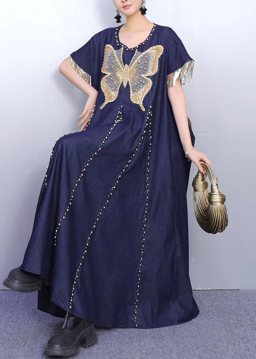 Women Navy Tasseled Butterfly Denim Vacation Dresses Summer - Image 2