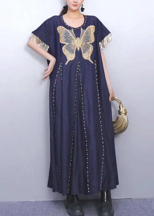 Women Navy Tasseled Butterfly Denim Vacation Dresses Summer - Image 3