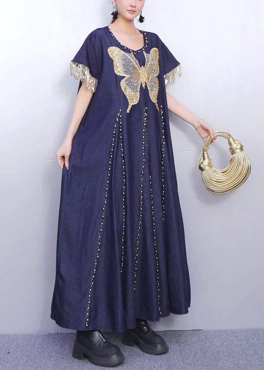 Women Navy Tasseled Butterfly Denim Vacation Dresses Summer - Image 4