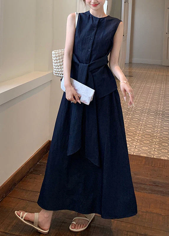 Women Navy Tie Waist Shirts And Maxi Skirts Two Piece Set Summer - Image 2