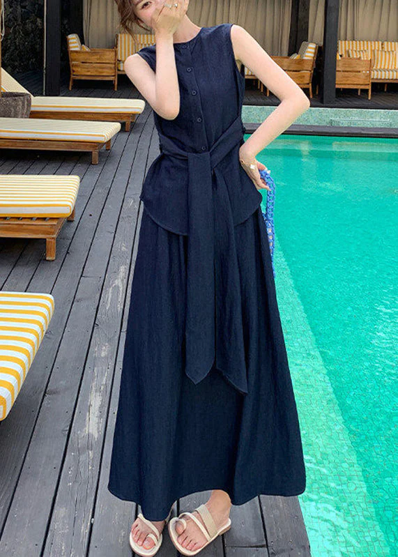 Women Navy Tie Waist Shirts And Maxi Skirts Two Piece Set Summer - Image 3
