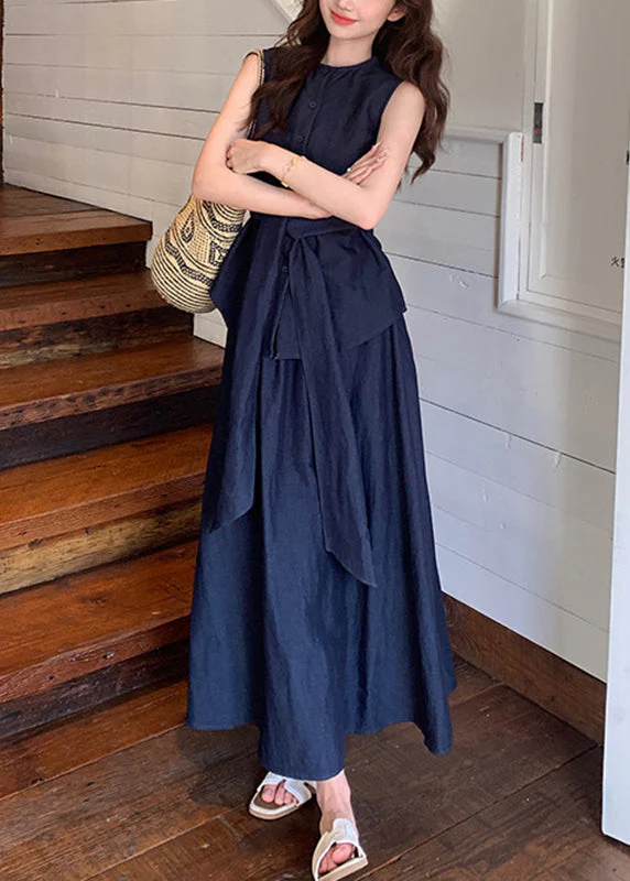 Women Navy Tie Waist Shirts And Maxi Skirts Two Piece Set Summer - Image 4