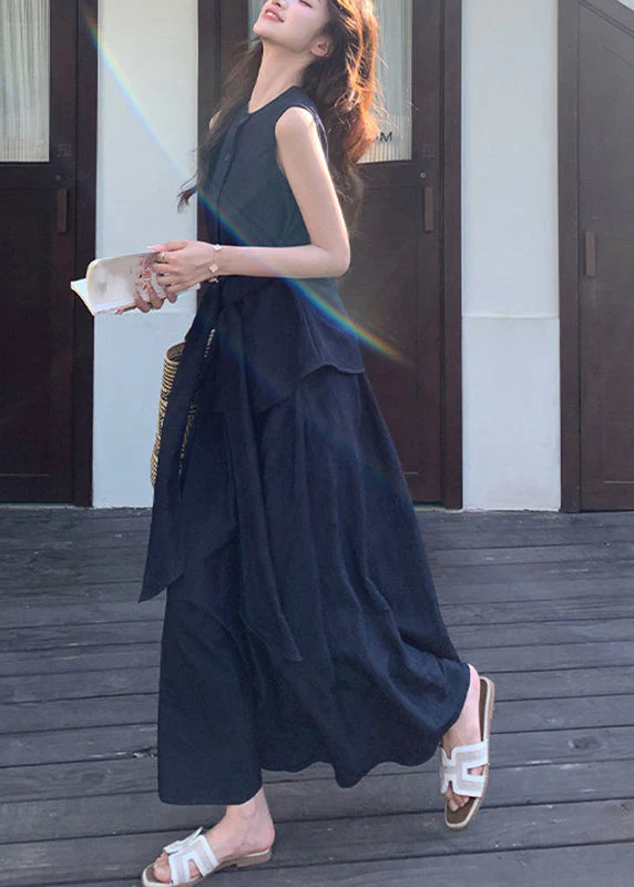 Women Navy Tie Waist Shirts And Maxi Skirts Two Piece Set Summer - Image 5