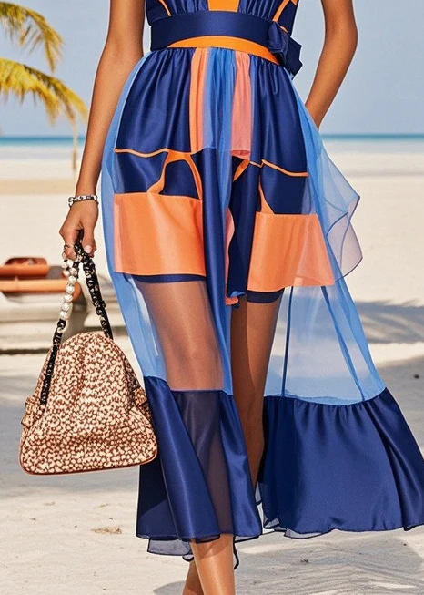 Women Navy Tunic Patchwork Chiffon Halter Dresses Summer - Image 4