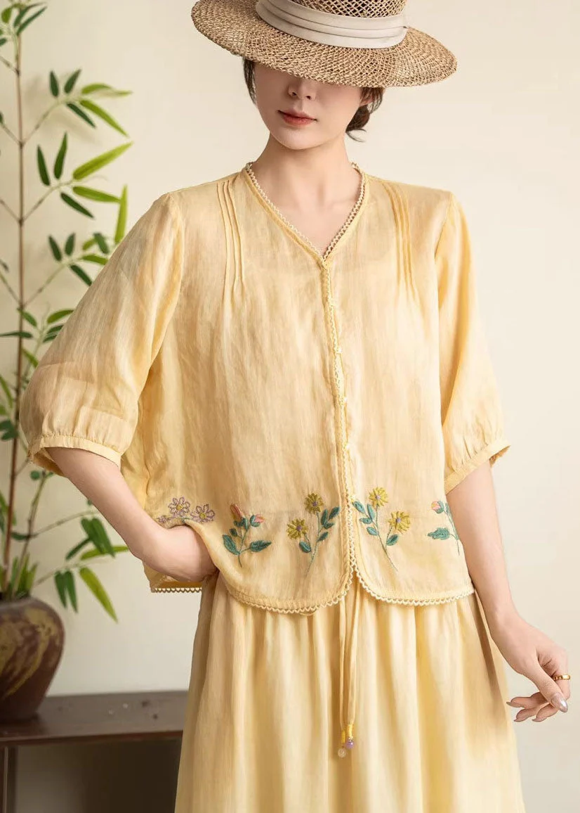 Women Navy V Neck Embroidered Linen Tops Summer - Image 2