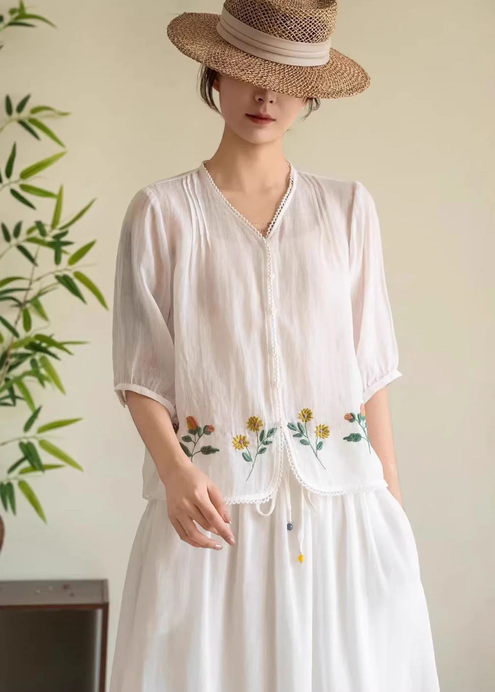 Women Navy V Neck Embroidered Linen Tops Summer - Image 3