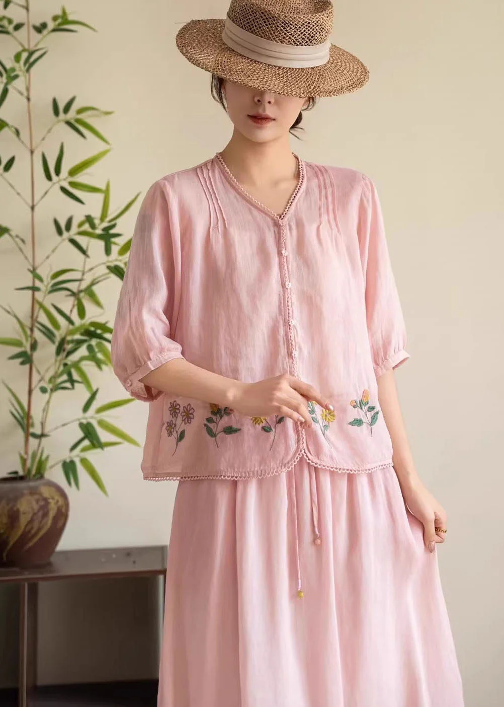 Women Navy V Neck Embroidered Linen Tops Summer - Image 4
