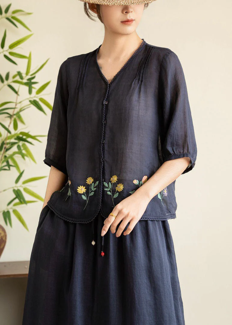 Women Navy V Neck Embroidered Linen Tops Summer - Image 5