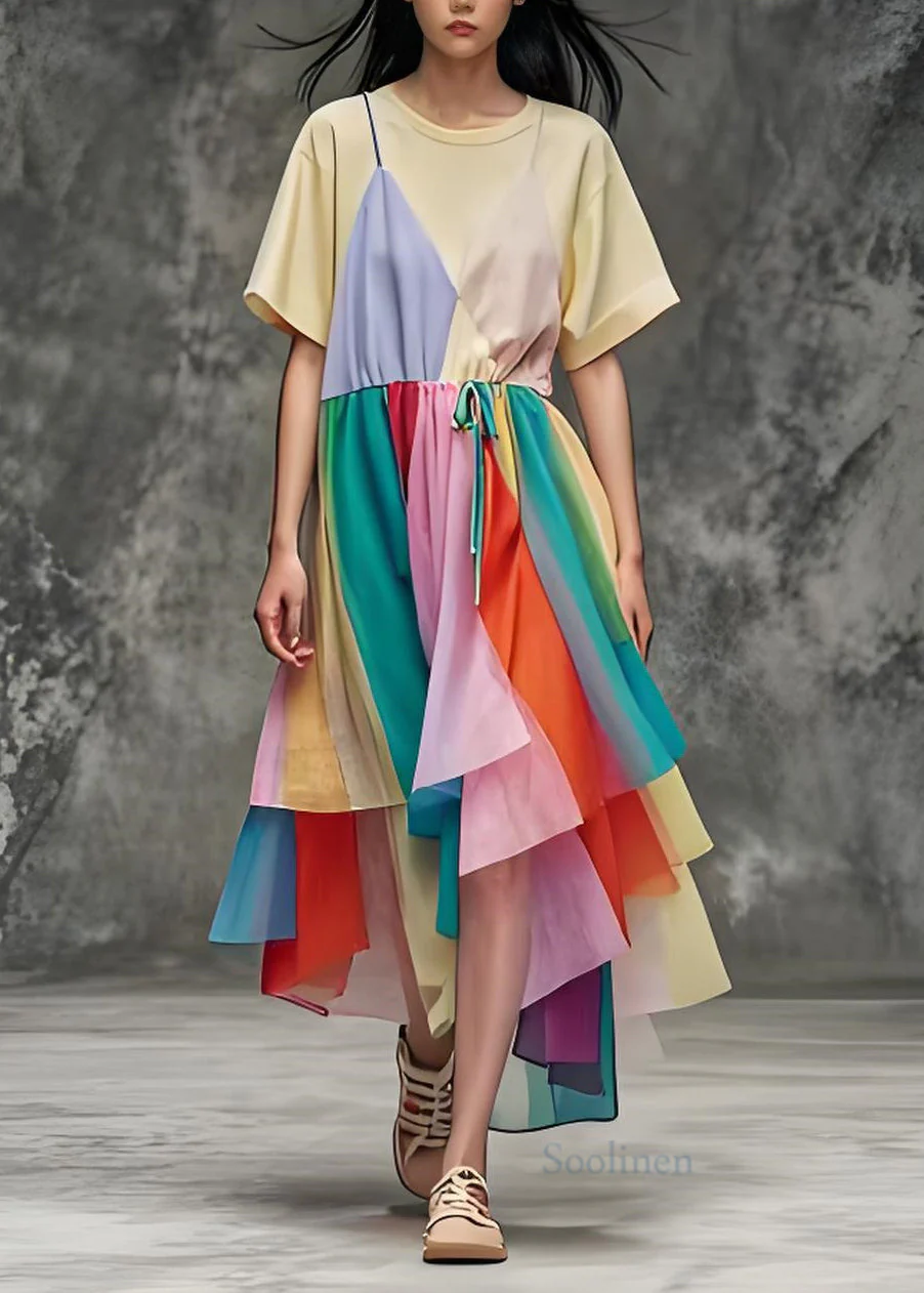 Women O Neck Asymmetrical Patchwork Cotton Dress Summer
