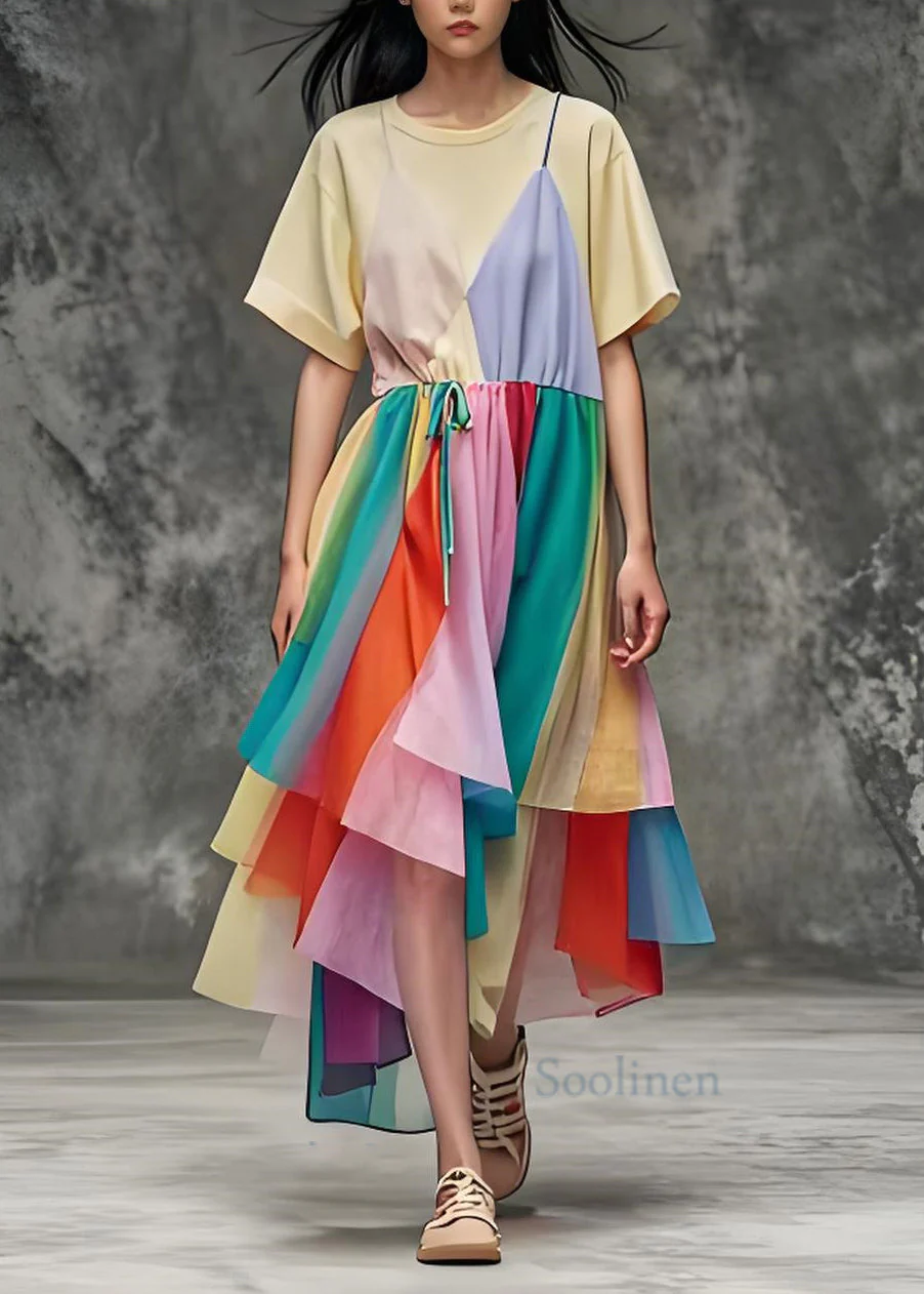 Women O Neck Asymmetrical Patchwork Cotton Dress Summer - Image 2