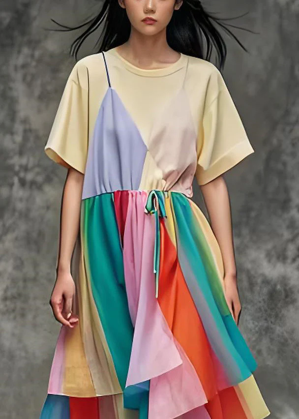 Women O Neck Asymmetrical Patchwork Cotton Dress Summer - Image 3