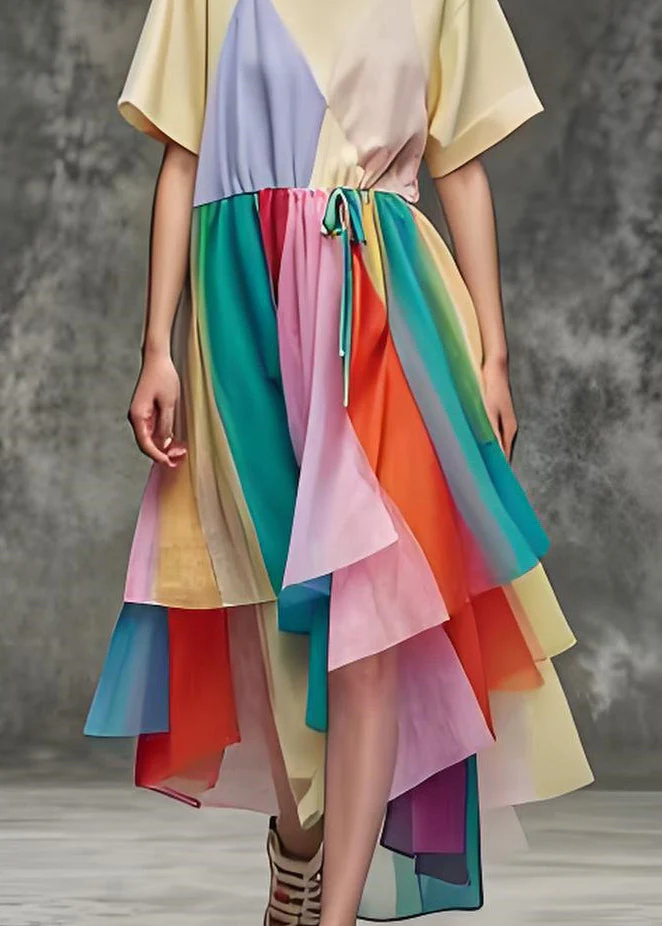 Women O Neck Asymmetrical Patchwork Cotton Dress Summer - Image 4