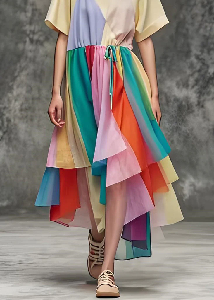 Women O Neck Asymmetrical Patchwork Cotton Dress Summer - Image 5