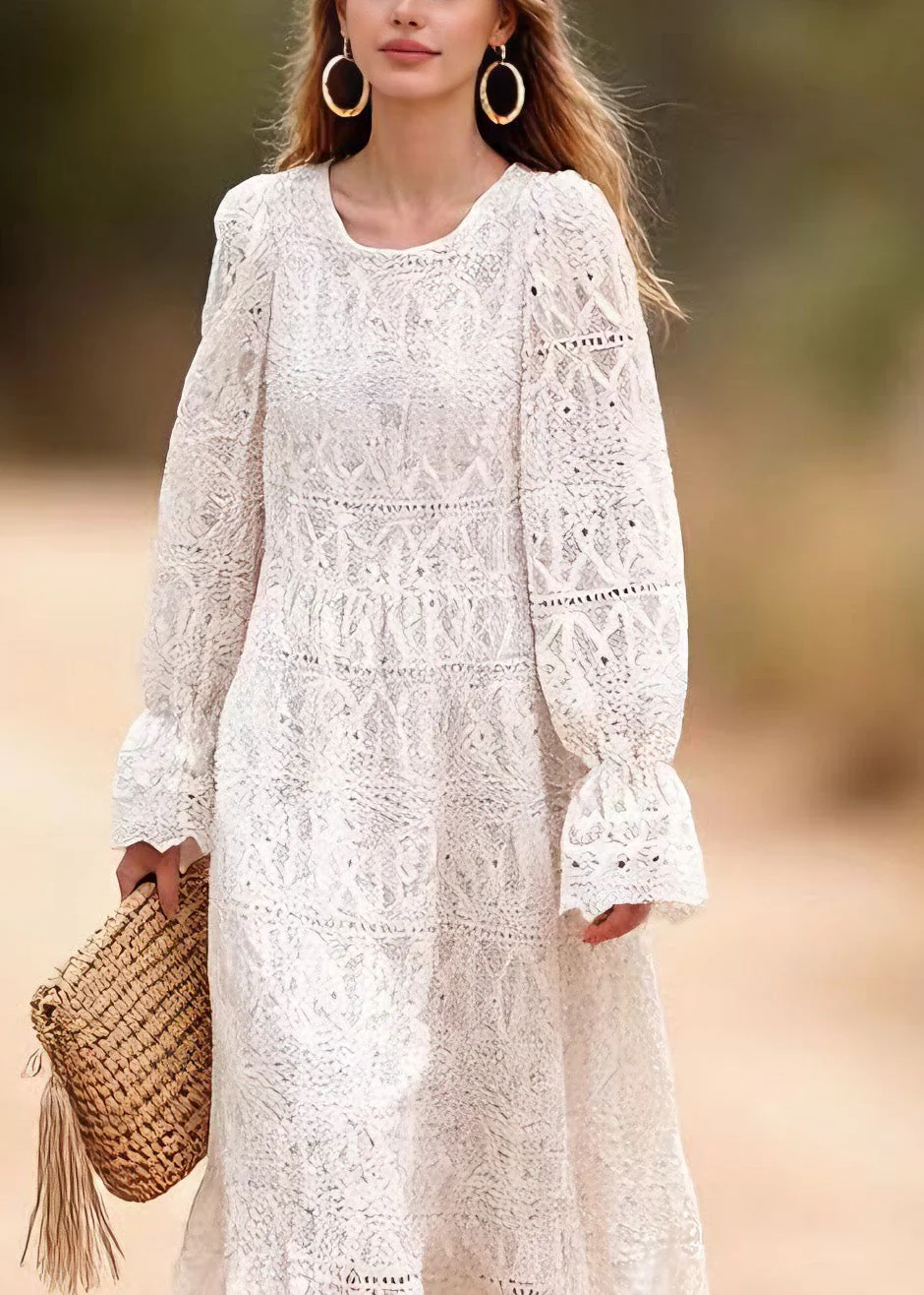 Women O Neck Embroidered Hollow Out Lace Long Dresses Spring - Image 2