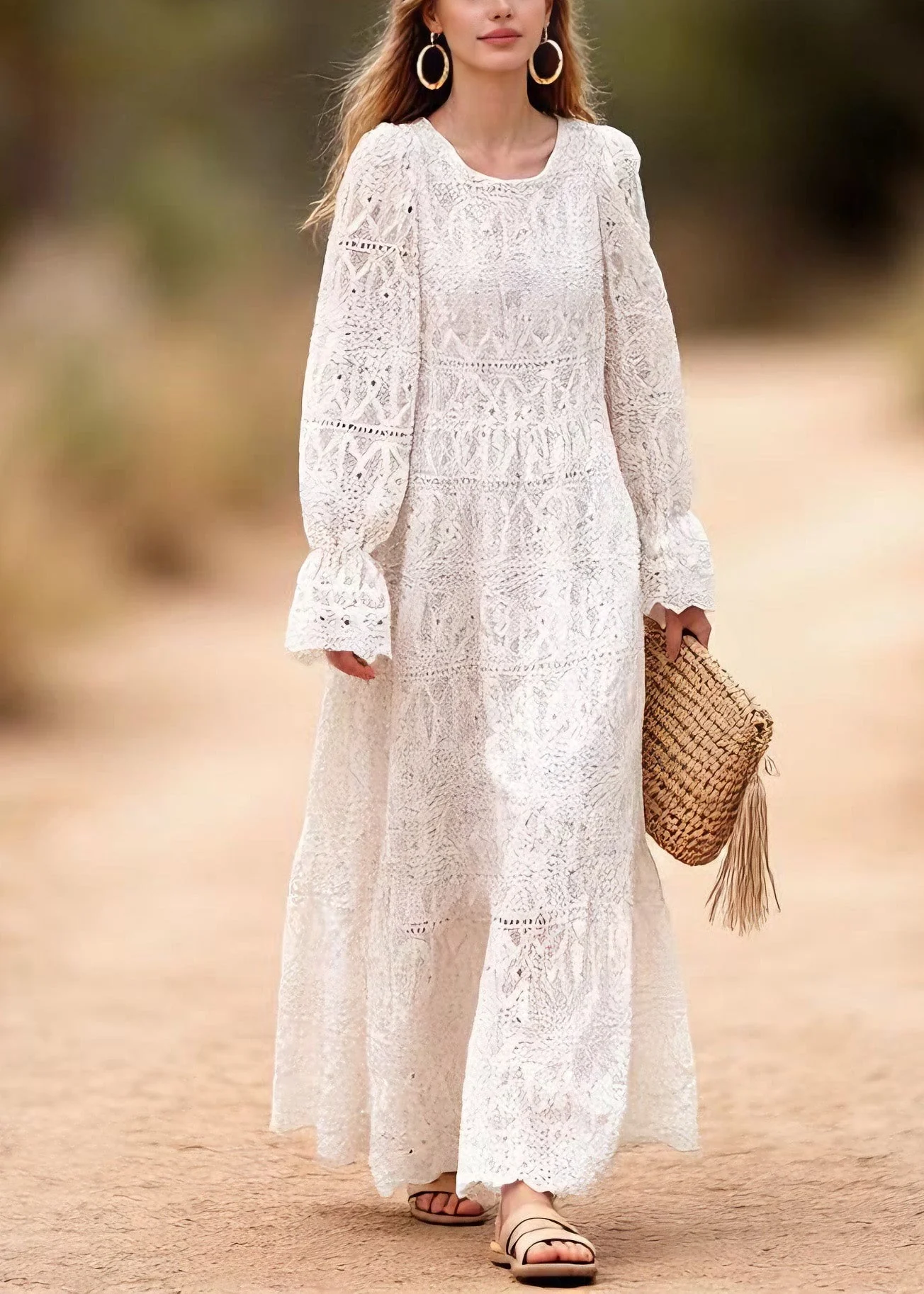 Women O Neck Embroidered Hollow Out Lace Long Dresses Spring - Image 3