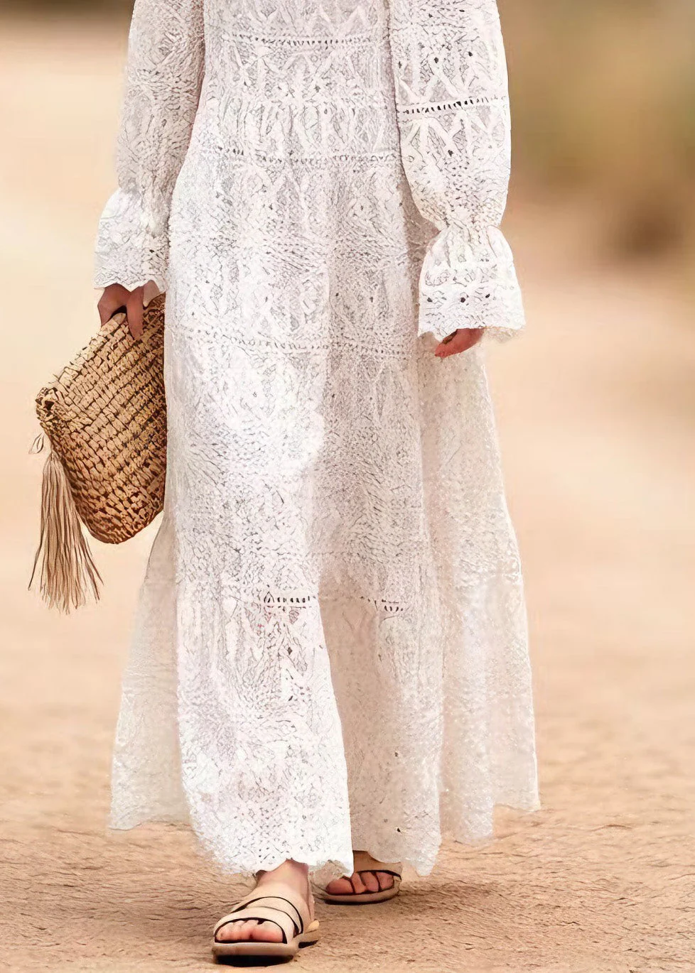 Women O Neck Embroidered Hollow Out Lace Long Dresses Spring - Image 4
