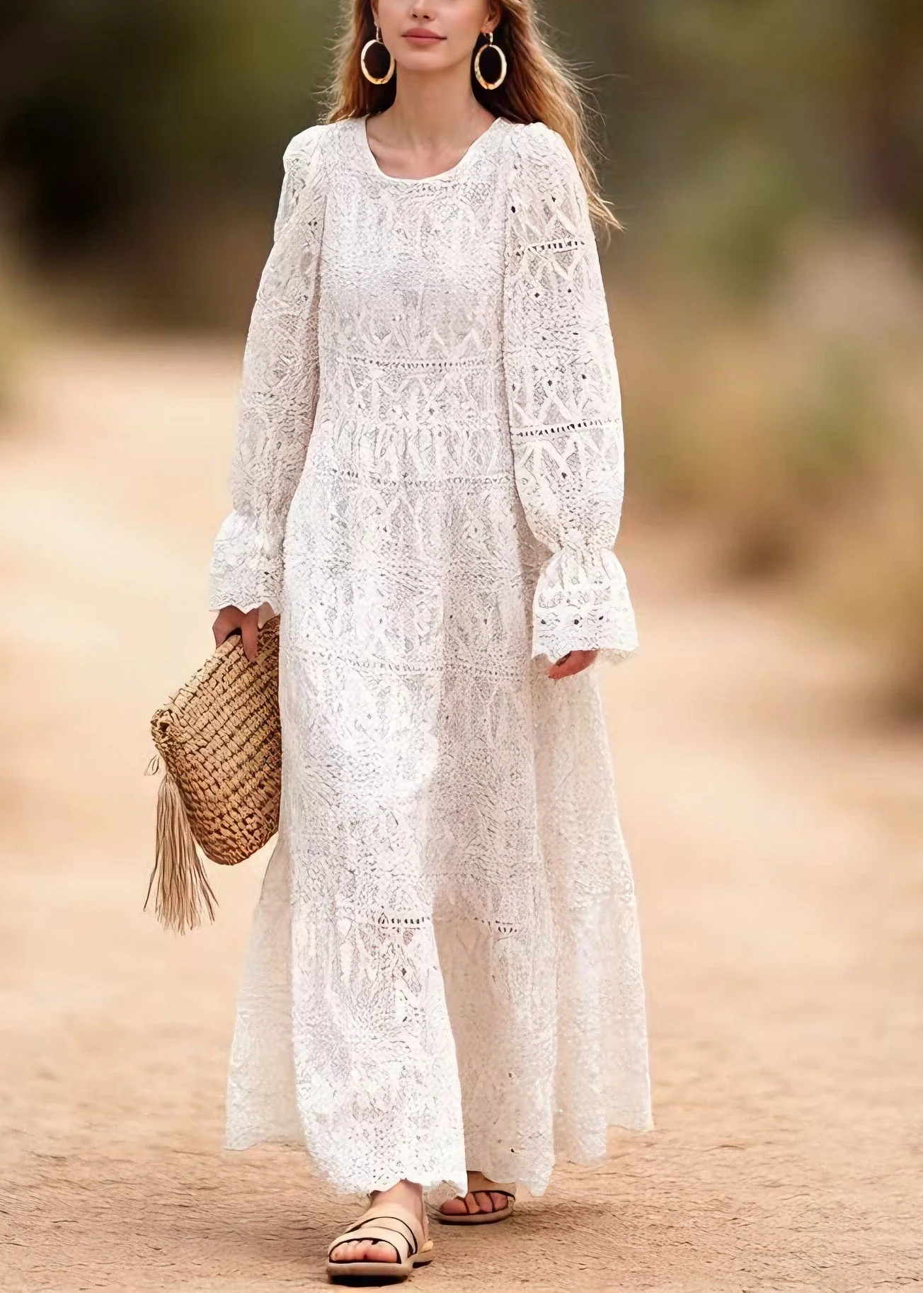 Women O Neck Embroidered Hollow Out Lace Long Dresses Spring - Image 5