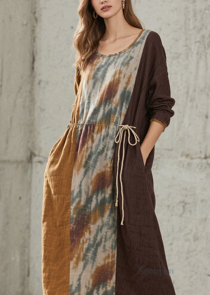 Women O Neck Print Lace Up Cotton Maxi Dresses Fall - Image 2