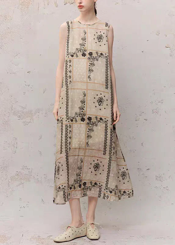 Women O-Neck Print Ramie Maxi Dress Summer - Image 2