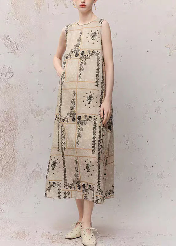 Women O-Neck Print Ramie Maxi Dress Summer - Image 3