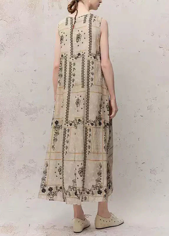 Women O-Neck Print Ramie Maxi Dress Summer - Image 5