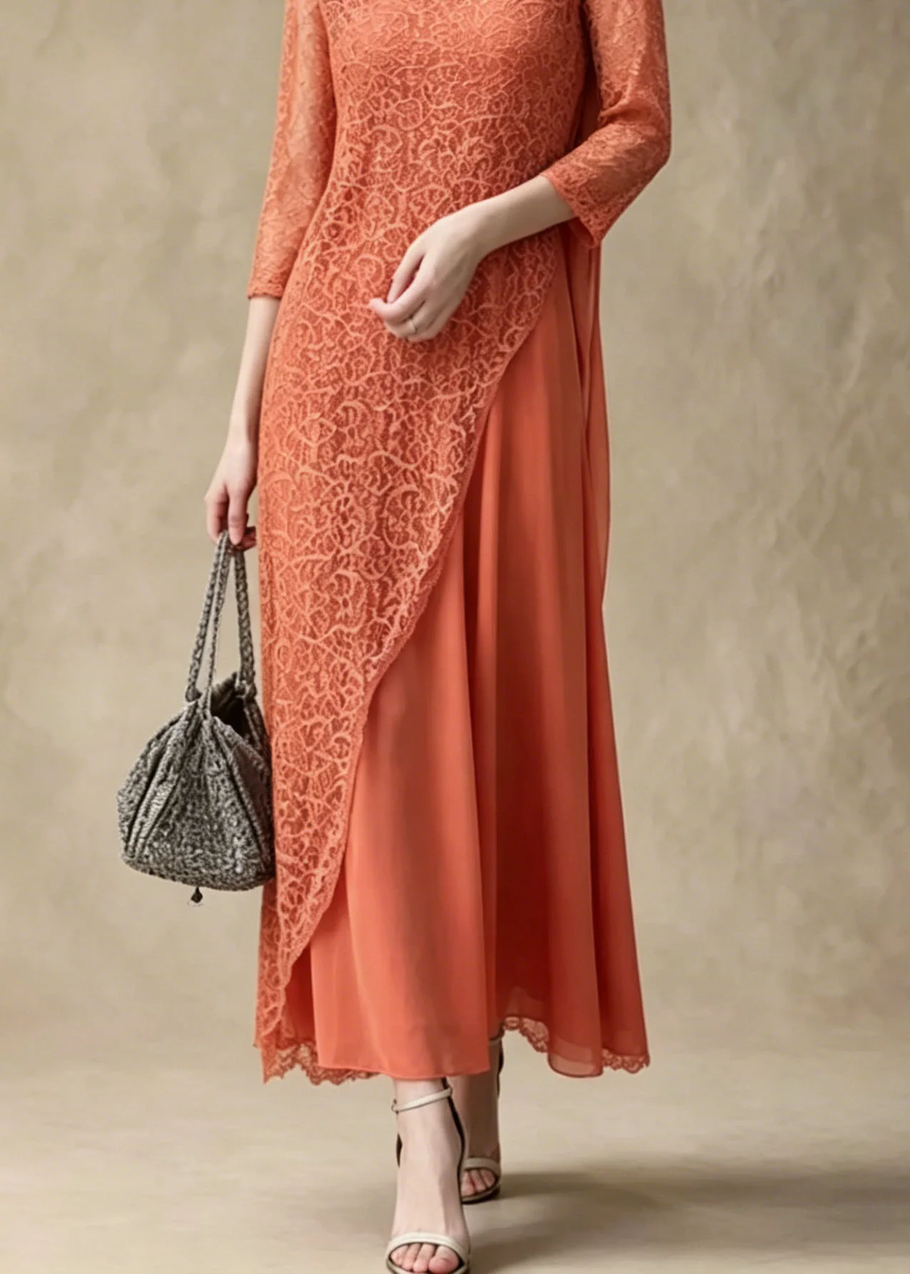 Women Orange Asymmetrical Lace Long Smock And Chiffon Dress 2 Piece Outfit Summer - Image 4