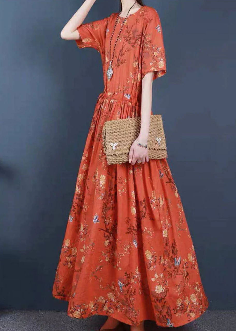 Women Orange Cinched Print Cotton Long Dress Short Sleeve - Image 2