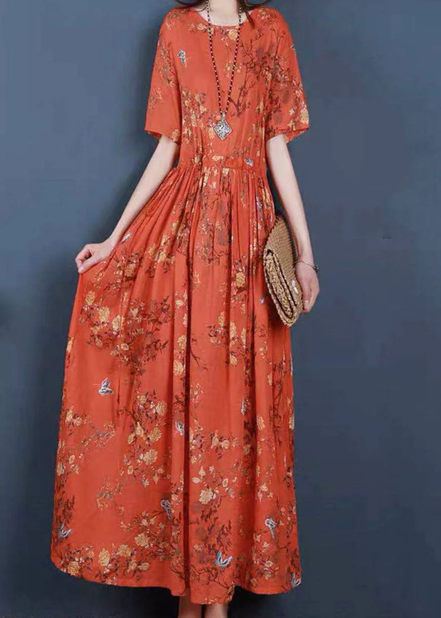 Women Orange Cinched Print Cotton Long Dress Short Sleeve - Image 3