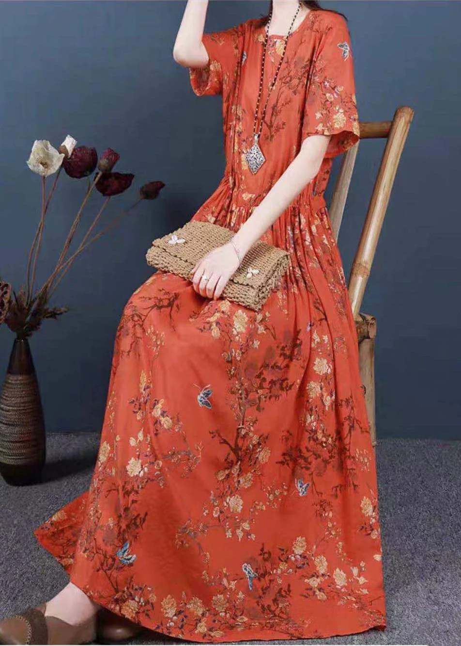 Women Orange Cinched Print Cotton Long Dress Short Sleeve - Image 4