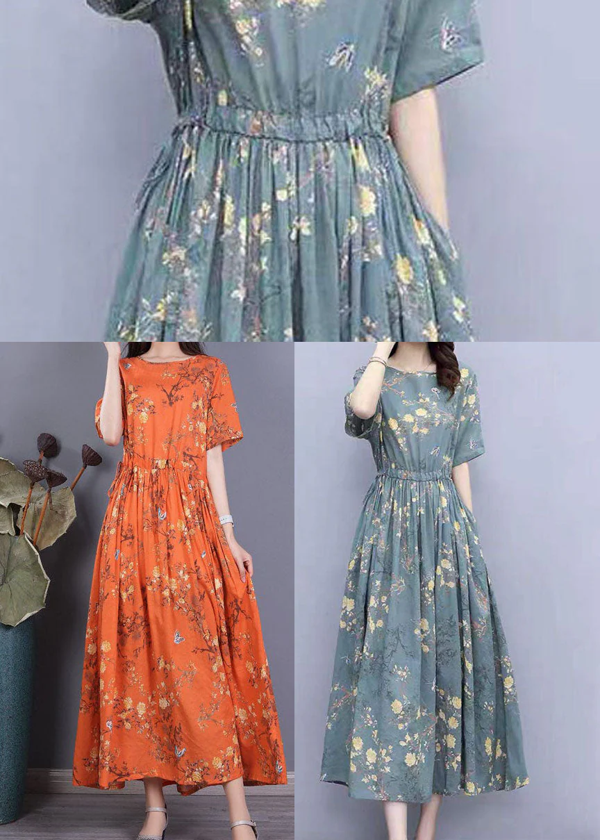 Women Orange Cinched Print Cotton Long Dress Short Sleeve - Image 5