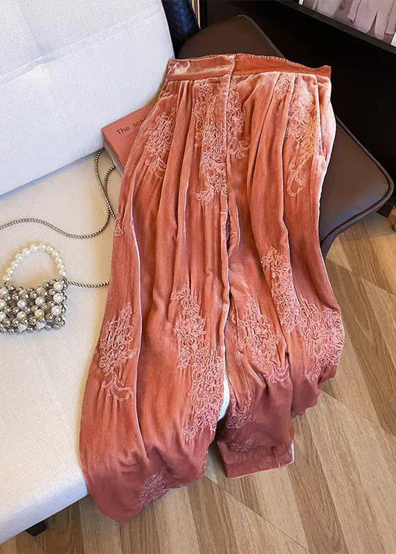 Women Orange Embroidered Elastic Waist Velvet Pants Spring - Image 2