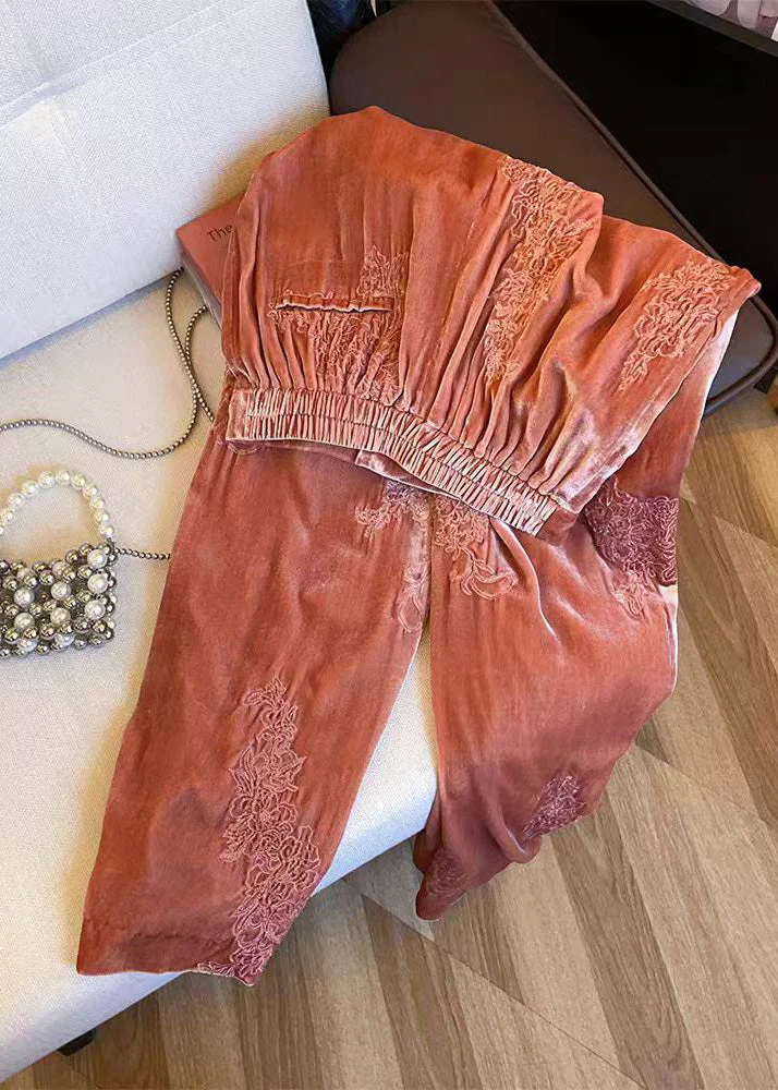 Women Orange Embroidered Elastic Waist Velvet Pants Spring - Image 3