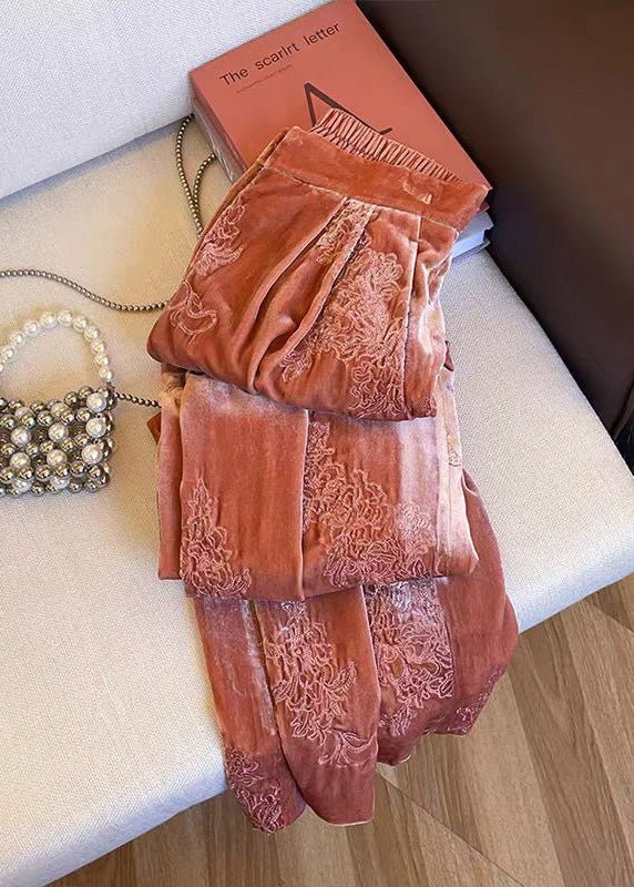 Women Orange Embroidered Elastic Waist Velvet Pants Spring - Image 4