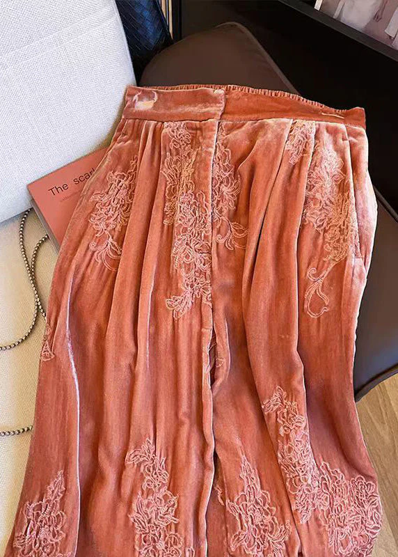 Women Orange Embroidered Elastic Waist Velvet Pants Spring - Image 5