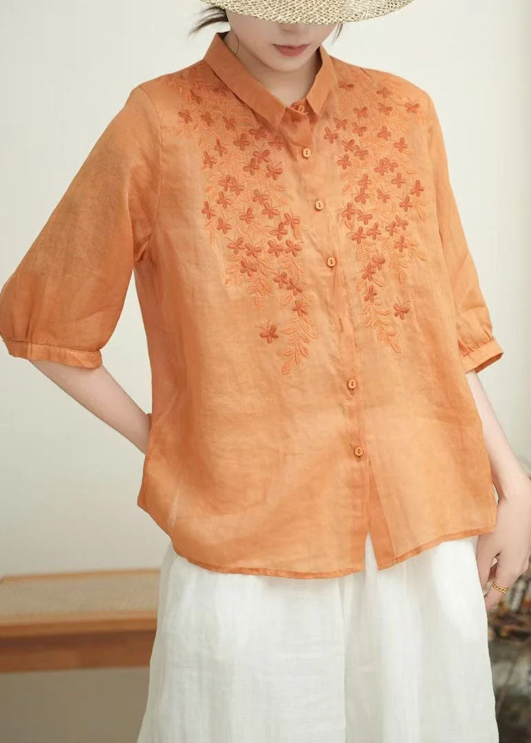 Women Orange Embroidered Linen Shirt Tops Bracelet Sleeve