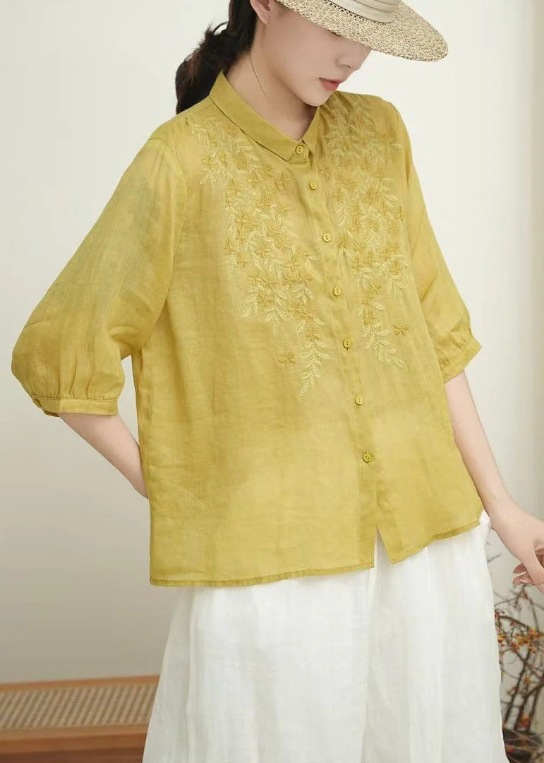 Women Orange Embroidered Linen Shirt Tops Bracelet Sleeve - Image 2