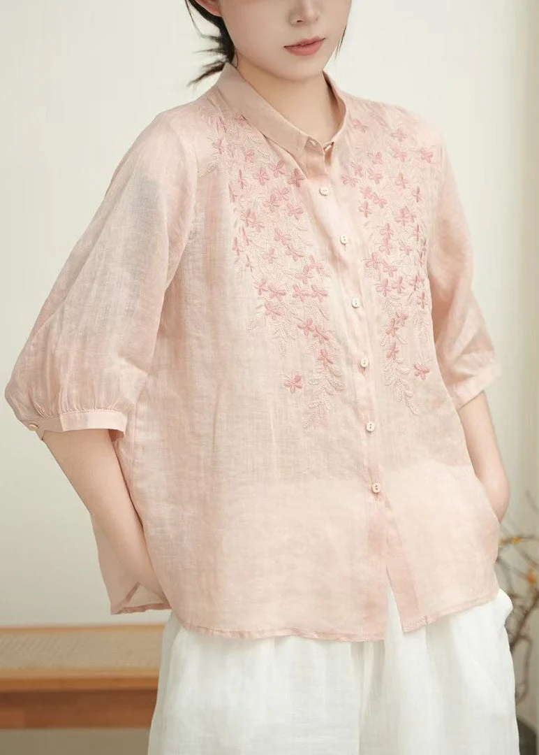 Women Orange Embroidered Linen Shirt Tops Bracelet Sleeve - Image 3