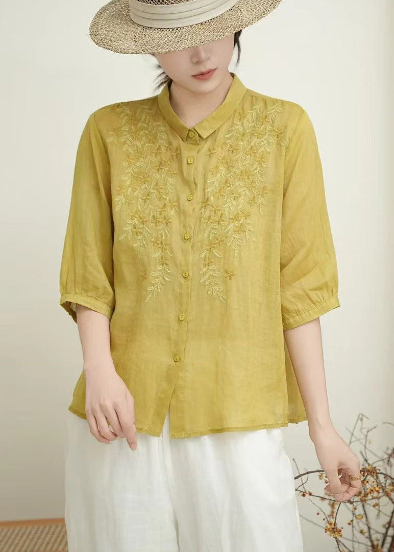 Women Orange Embroidered Linen Shirt Tops Bracelet Sleeve - Image 4