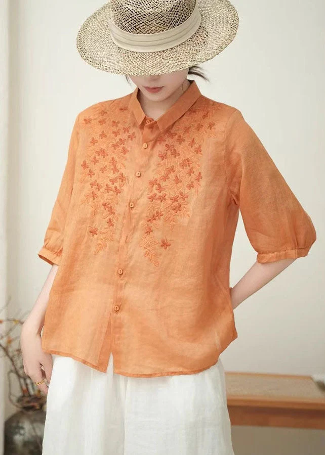 Women Orange Embroidered Linen Shirt Tops Bracelet Sleeve - Image 5