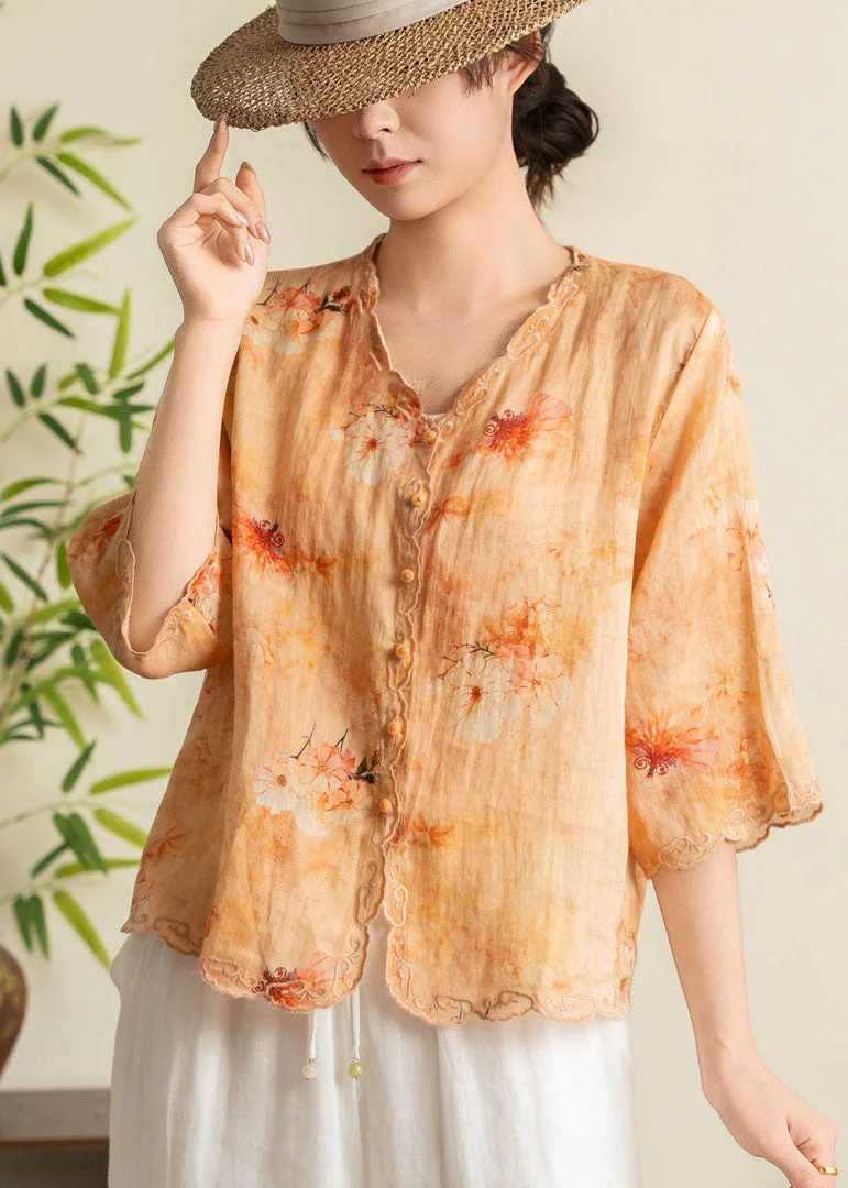 Women Orange Embroidered Print Linen Blouses Summer