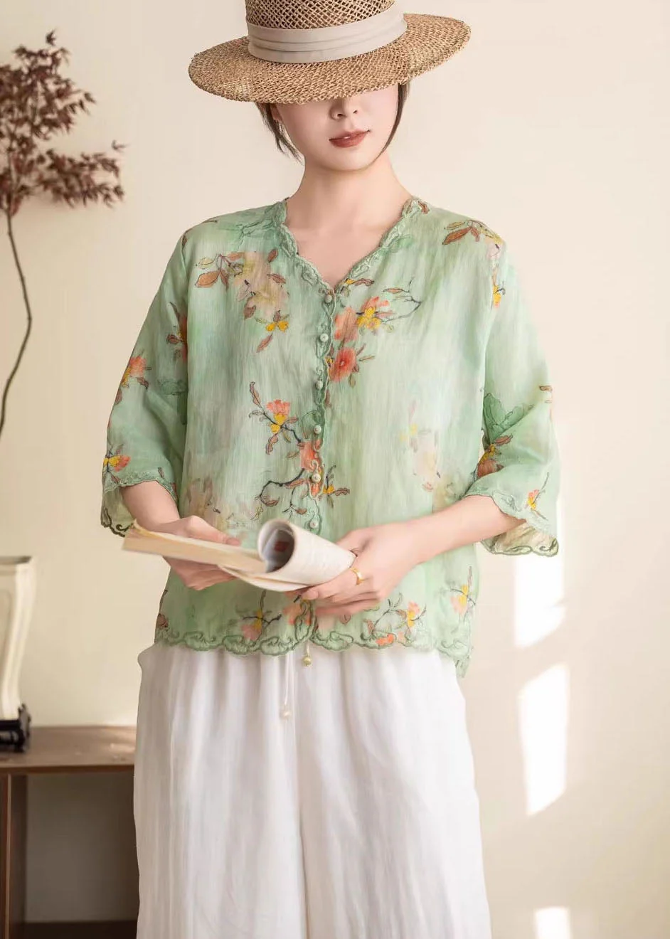 Women Orange Embroidered Print Linen Blouses Summer - Image 2