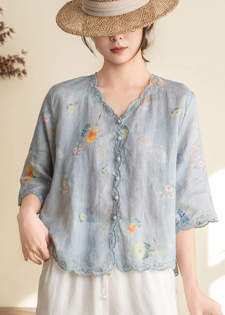 Women Orange Embroidered Print Linen Blouses Summer - Image 3
