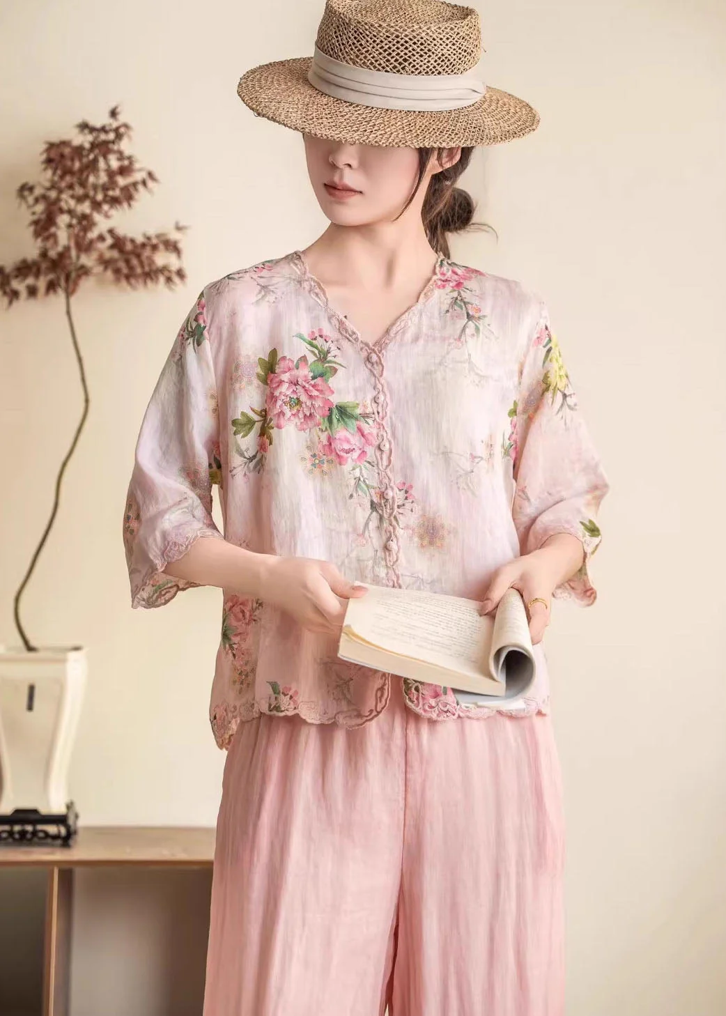 Women Orange Embroidered Print Linen Blouses Summer - Image 4