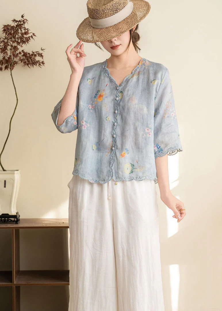 Women Orange Embroidered Print Linen Blouses Summer - Image 5