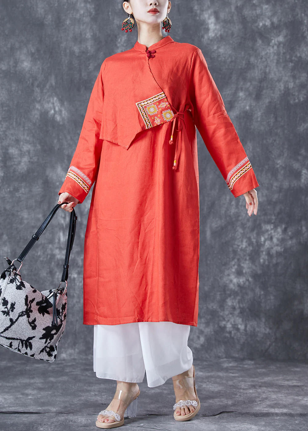 Women Orange Embroideried Lace Up Linen Holiday Dress Summer - Image 2